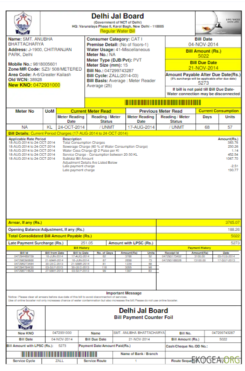 INIDA DELHI JAL BOARD utility bill Word and PDF template